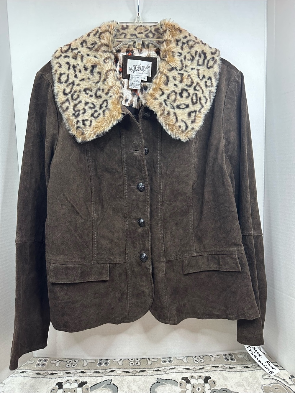 Live a Little Brown Suede Leather Jacket XL Leopard Faux Fur Collar Y2K Vintage